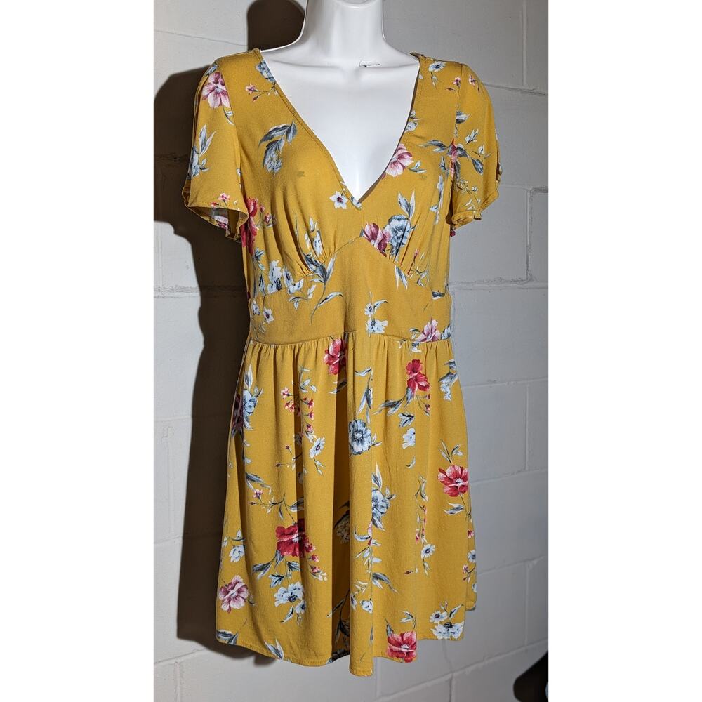 Xhilaration Mustard Floral V-Neck Mini Dress